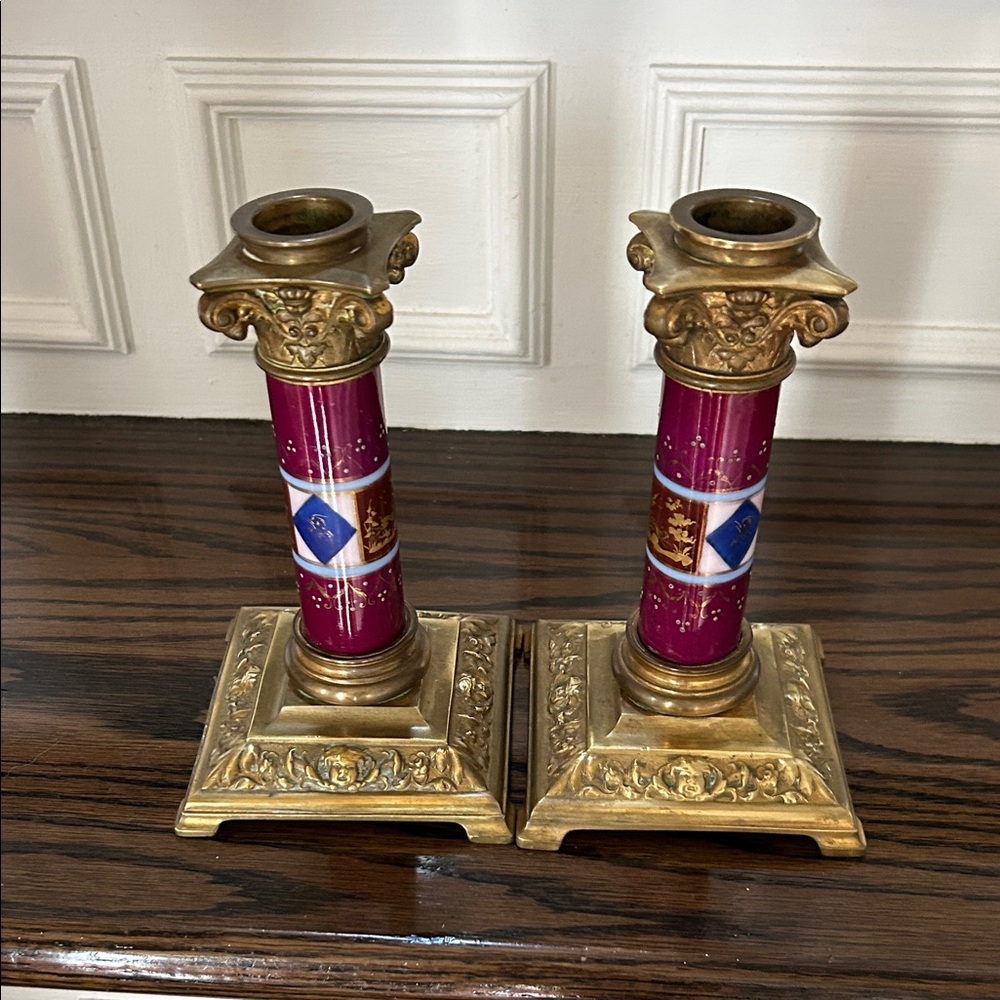 Elegant Vintage French Style Gold and Purple Candle Holders with Faces